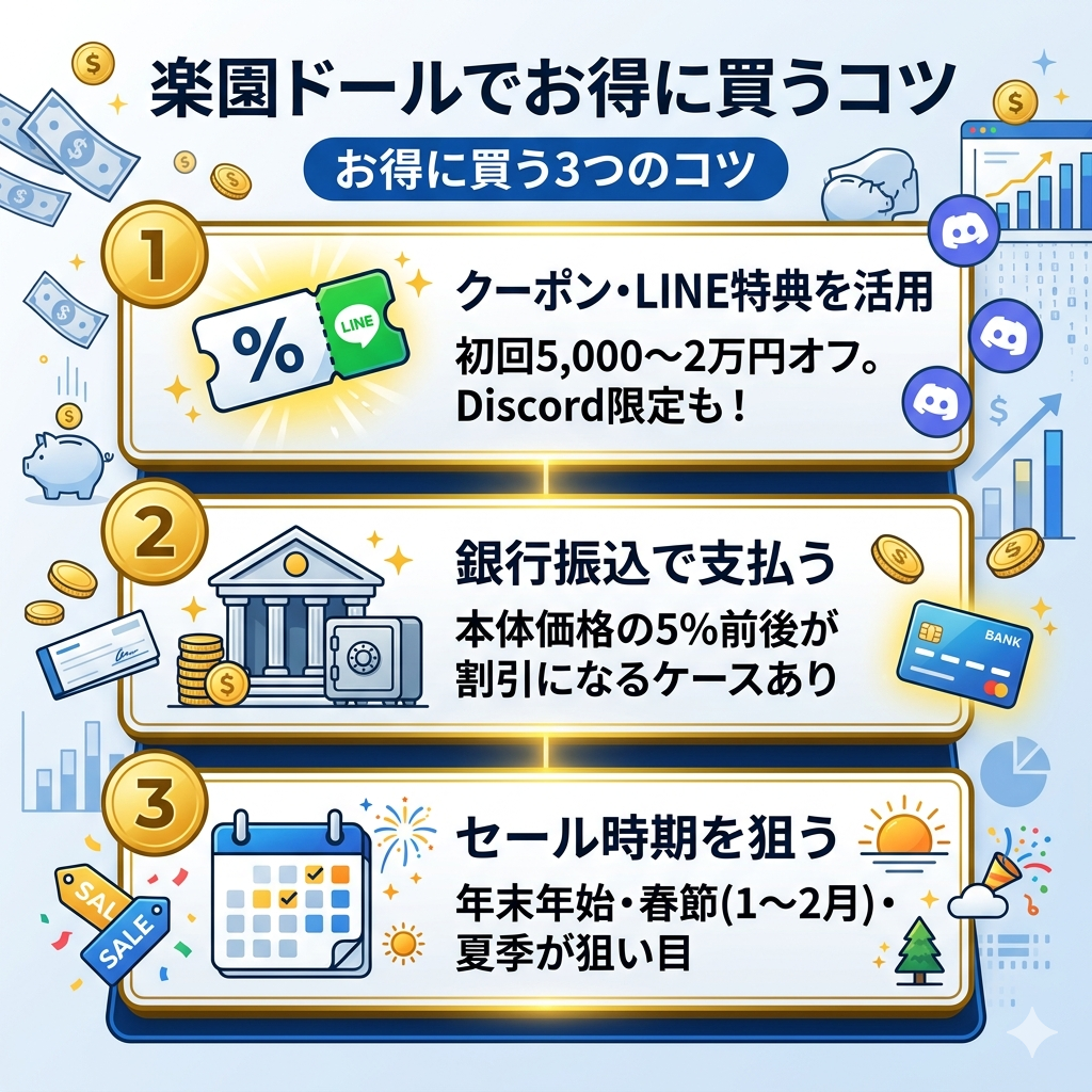 楽園ドールでお得に買う3つのコツ。クーポン活用、支払い方法の確認、キャンペーン確認を図解
